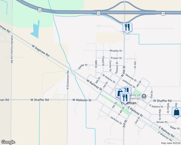 map of restaurants, bars, coffee shops, grocery stores, and more near 318 East Washington Street in Coleman