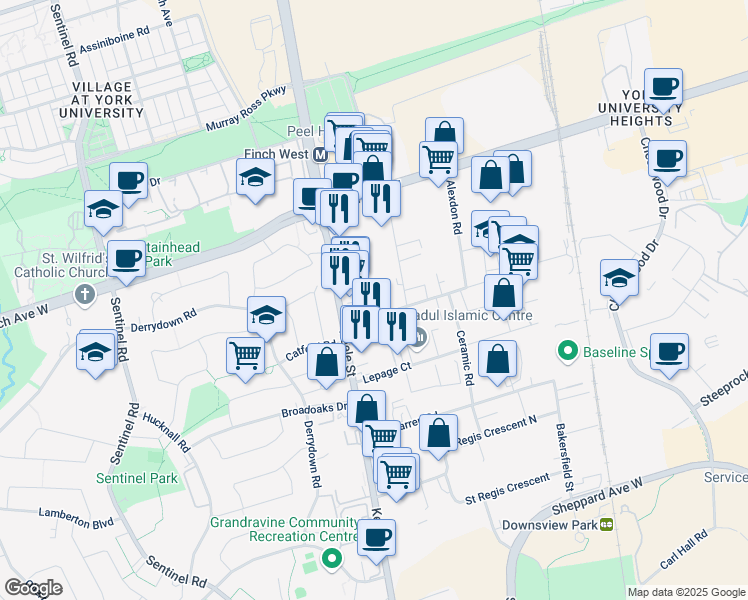 map of restaurants, bars, coffee shops, grocery stores, and more near in Toronto