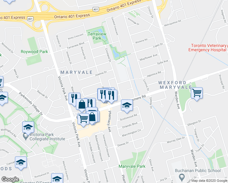 map of restaurants, bars, coffee shops, grocery stores, and more near 21 Alice Crescent in Toronto