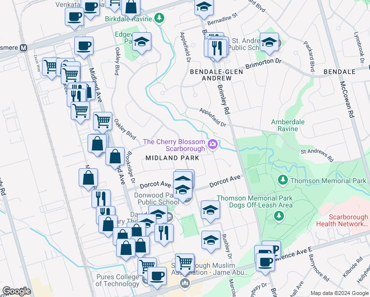 map of restaurants, bars, coffee shops, grocery stores, and more near 121 Birkdale Road in Toronto