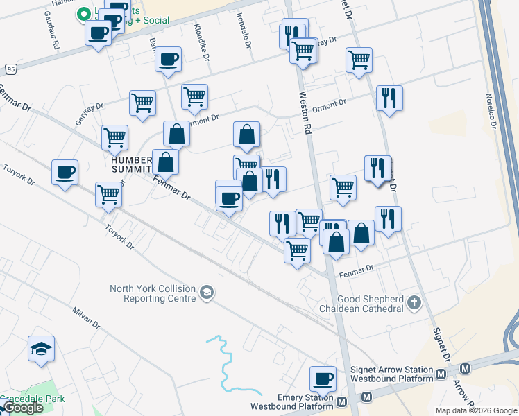 map of restaurants, bars, coffee shops, grocery stores, and more near 89 Kenhar Drive in Toronto
