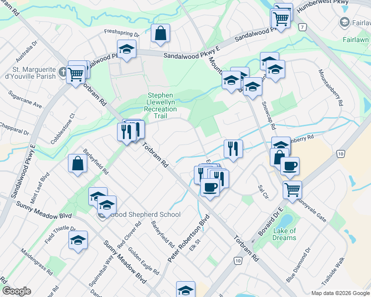 map of restaurants, bars, coffee shops, grocery stores, and more near 79 Rocky Mountain Crescent in Brampton