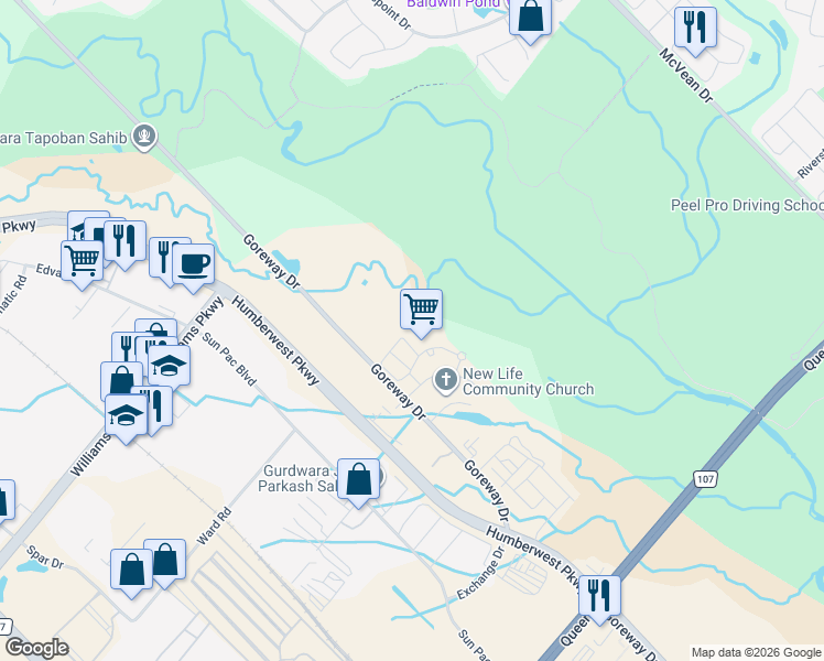 map of restaurants, bars, coffee shops, grocery stores, and more near 6 Dayspring Circle in Brampton