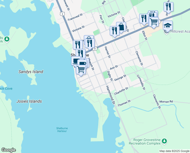 map of restaurants, bars, coffee shops, grocery stores, and more near 29 Ann Street in Shelburne