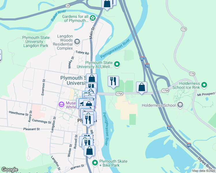 map of restaurants, bars, coffee shops, grocery stores, and more near 11 North River Street in Holderness