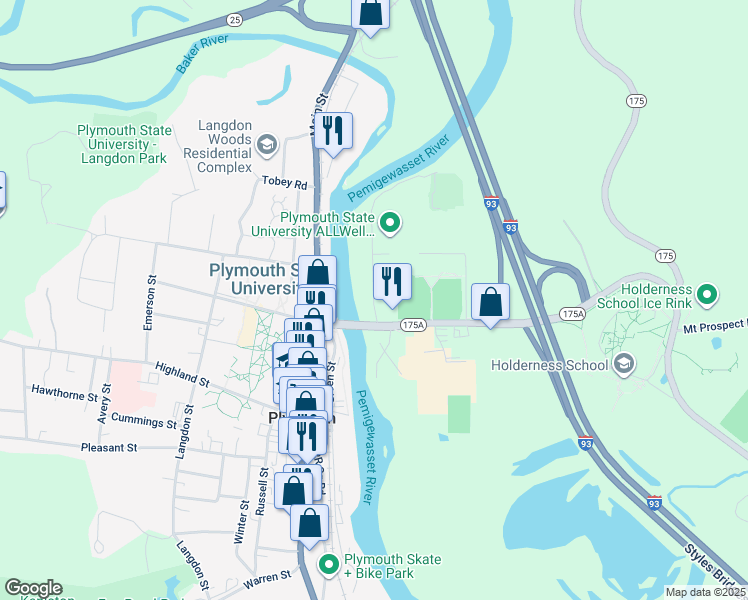 map of restaurants, bars, coffee shops, grocery stores, and more near 11 North River Street in Holderness
