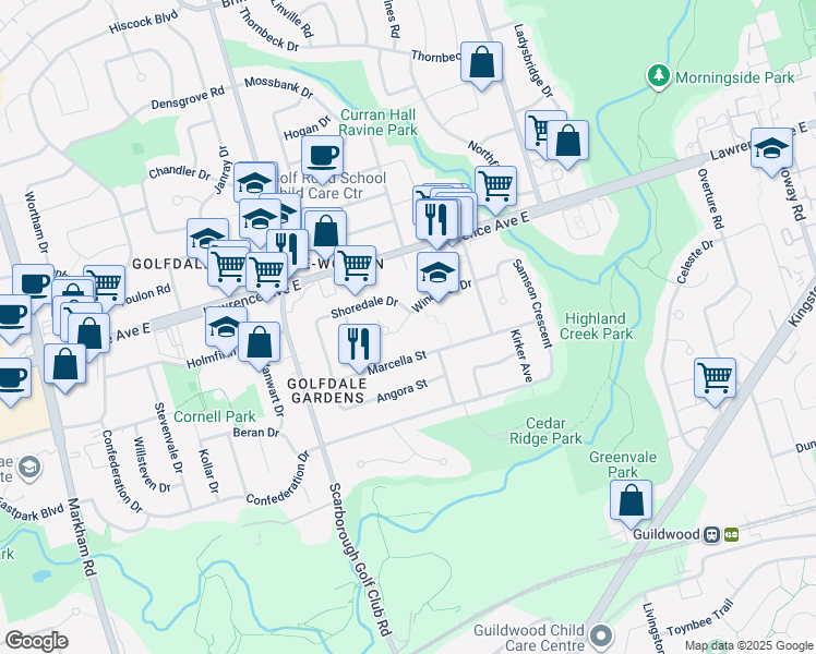 map of restaurants, bars, coffee shops, grocery stores, and more near 25 Windover Drive in Toronto
