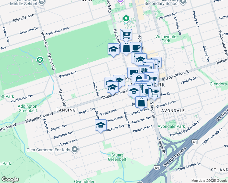 map of restaurants, bars, coffee shops, grocery stores, and more near in Toronto