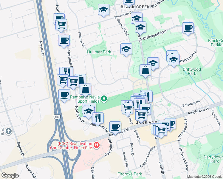 map of restaurants, bars, coffee shops, grocery stores, and more near in Toronto