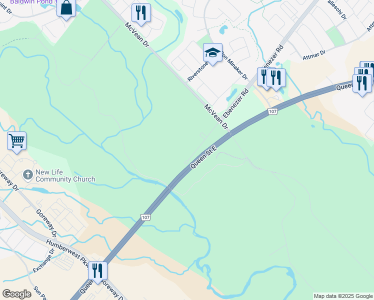 map of restaurants, bars, coffee shops, grocery stores, and more near 3918 Ebenezer Road in Brampton