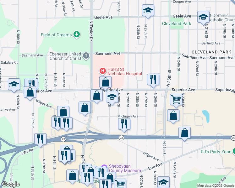 map of restaurants, bars, coffee shops, grocery stores, and more near 2915 Superior Avenue in Sheboygan