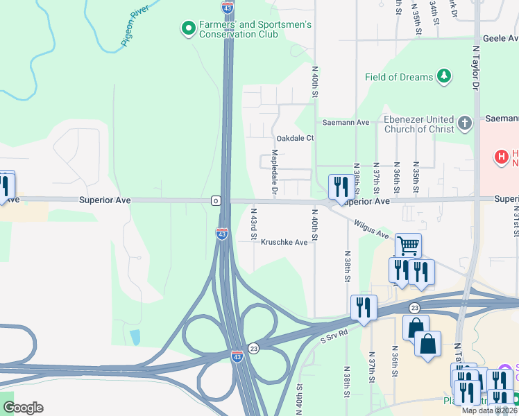 map of restaurants, bars, coffee shops, grocery stores, and more near 1452 North 43rd Street in Sheboygan
