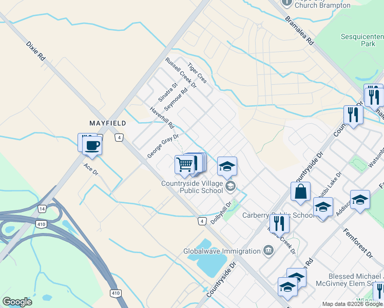 map of restaurants, bars, coffee shops, grocery stores, and more near 22 Yellowknife Road in Brampton
