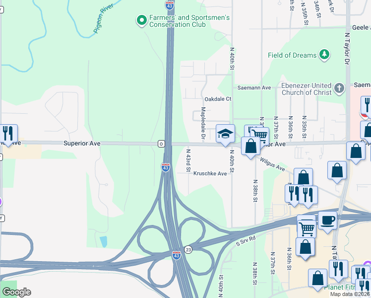 map of restaurants, bars, coffee shops, grocery stores, and more near 1452 North 43rd Street in Sheboygan