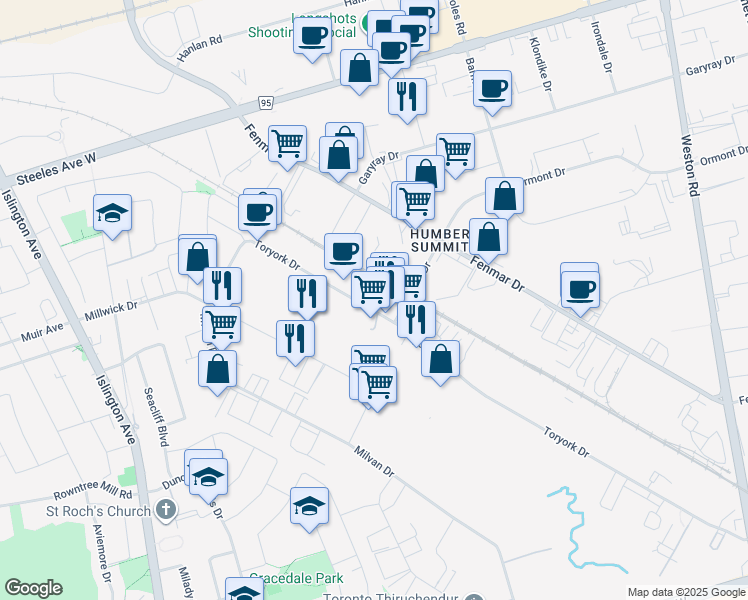 map of restaurants, bars, coffee shops, grocery stores, and more near 196 Toryork Drive in Toronto