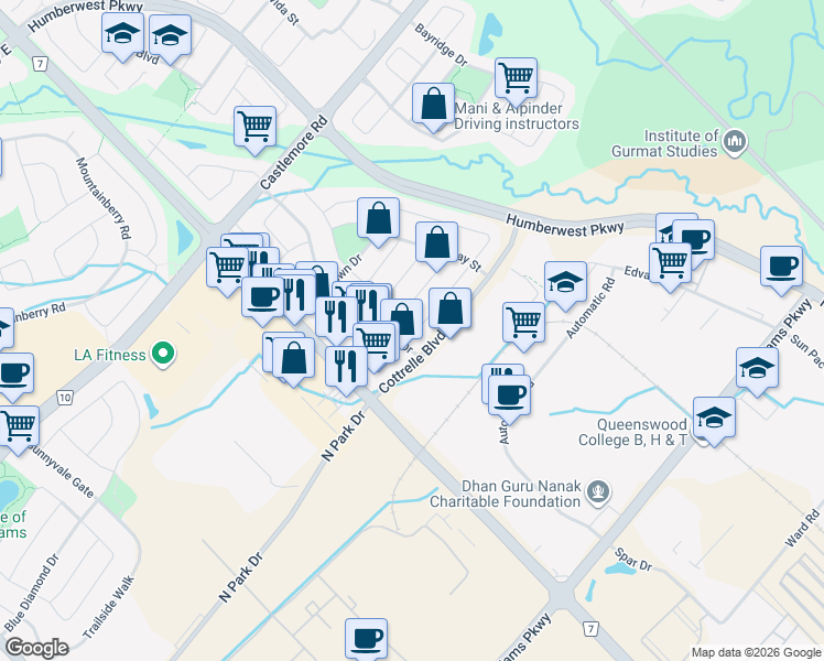 map of restaurants, bars, coffee shops, grocery stores, and more near 6 Slipneedle Street in Brampton