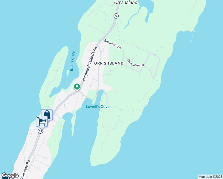 map of restaurants, bars, coffee shops, grocery stores, and more near 22 Tree Tops Lane in Harpswell
