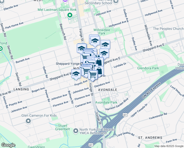 map of restaurants, bars, coffee shops, grocery stores, and more near in Toronto