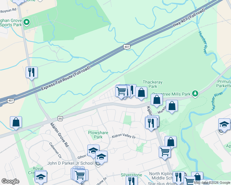 map of restaurants, bars, coffee shops, grocery stores, and more near 14 Hearne Street in Vaughan