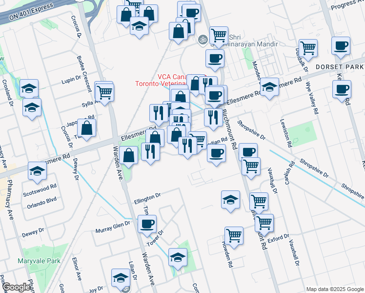 map of restaurants, bars, coffee shops, grocery stores, and more near 505 Ellesmere Road in Toronto
