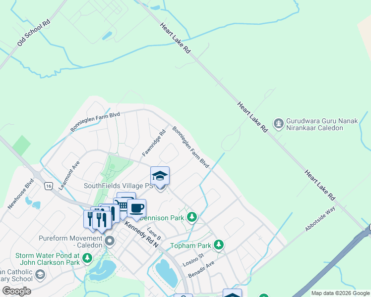 map of restaurants, bars, coffee shops, grocery stores, and more near 188 Bonnieglen Farm Boulevard in Regional Municipality of Peel