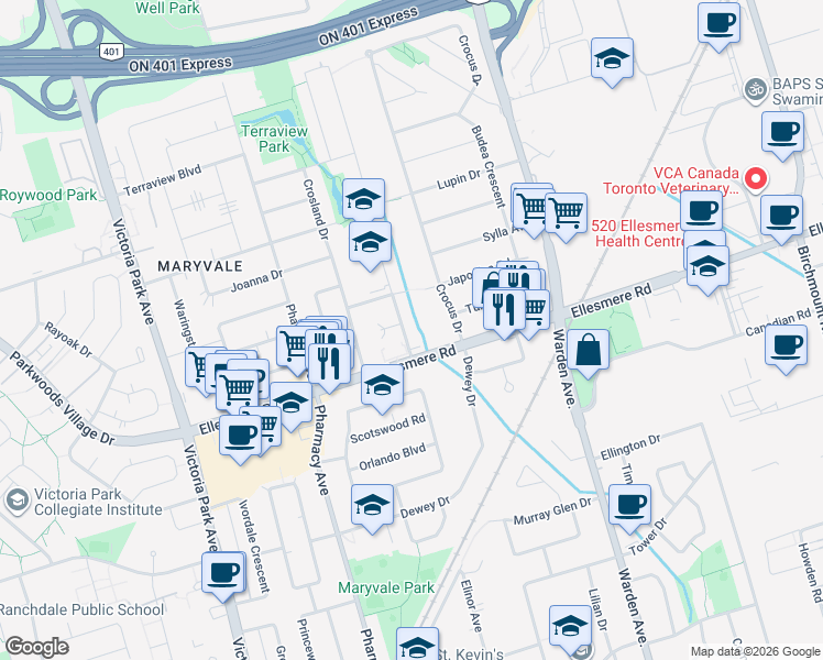 map of restaurants, bars, coffee shops, grocery stores, and more near 11 White Abbey Park in Toronto