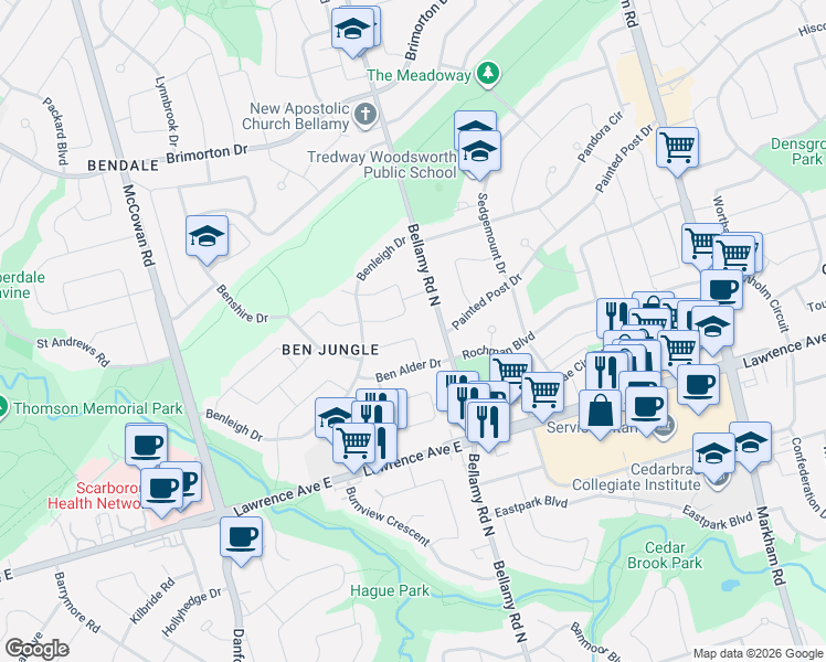 map of restaurants, bars, coffee shops, grocery stores, and more near 18 Benhur Crescent in Toronto