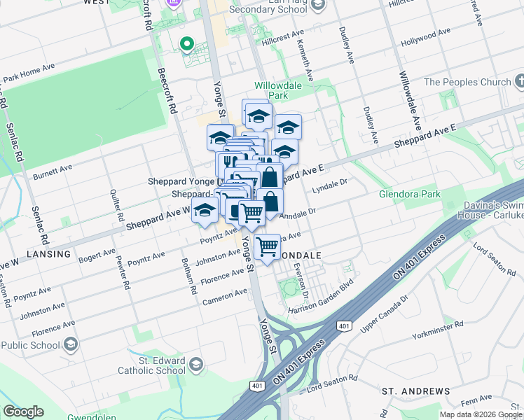 map of restaurants, bars, coffee shops, grocery stores, and more near 5 Sheppard Avenue East in Toronto