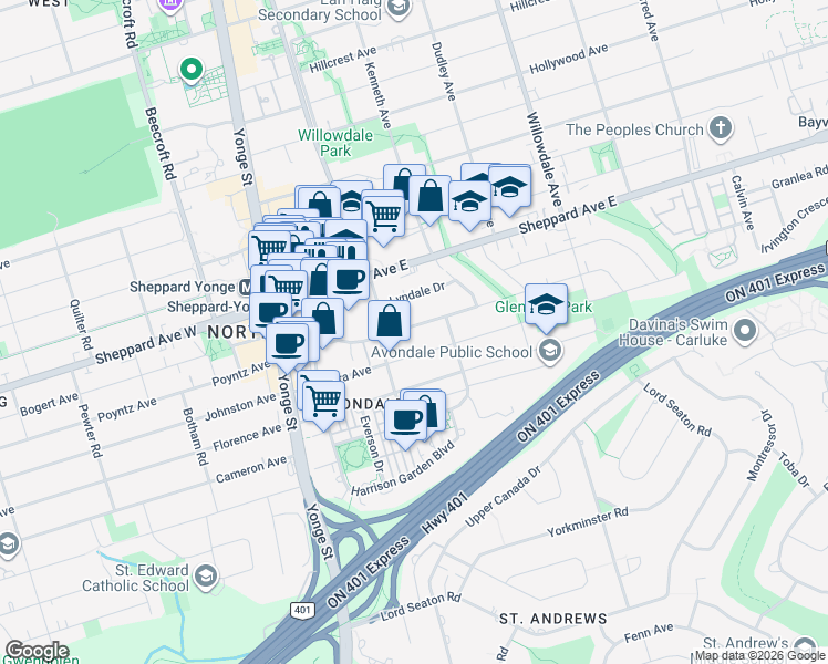 map of restaurants, bars, coffee shops, grocery stores, and more near 35 Anndale Drive in Toronto