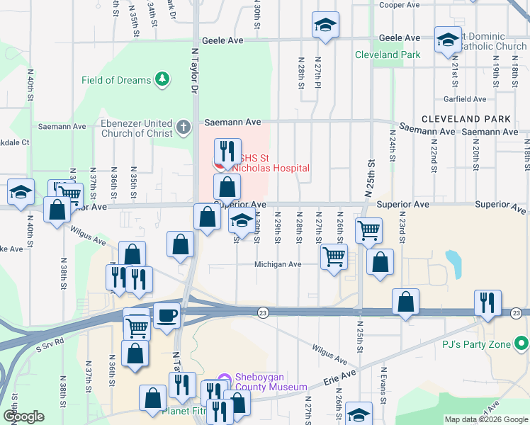 map of restaurants, bars, coffee shops, grocery stores, and more near 2915 Superior Ave in Sheboygan