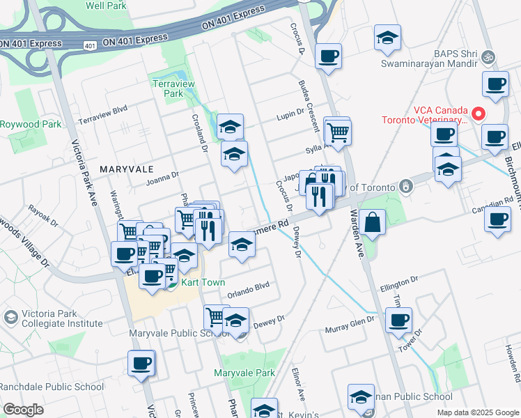 map of restaurants, bars, coffee shops, grocery stores, and more near in Toronto