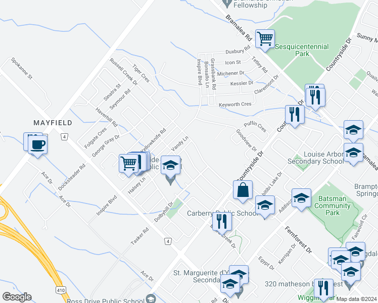 map of restaurants, bars, coffee shops, grocery stores, and more near 54 Russell Creek Drive in Brampton