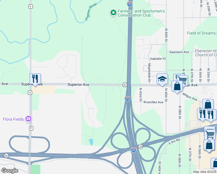 map of restaurants, bars, coffee shops, grocery stores, and more near 1432 North 46th Street in Sheboygan