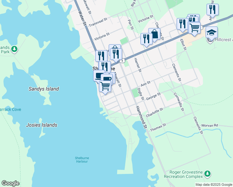 map of restaurants, bars, coffee shops, grocery stores, and more near 130 Water Street in Shelburne