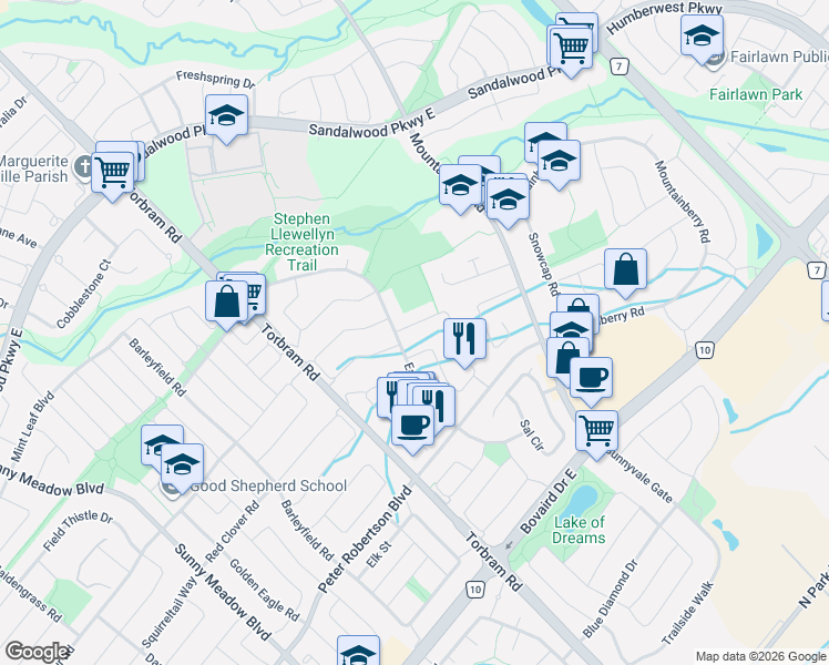 map of restaurants, bars, coffee shops, grocery stores, and more near in Brampton