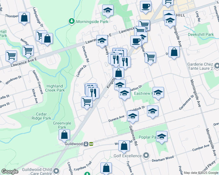 map of restaurants, bars, coffee shops, grocery stores, and more near 4223 Kingston Road in Toronto