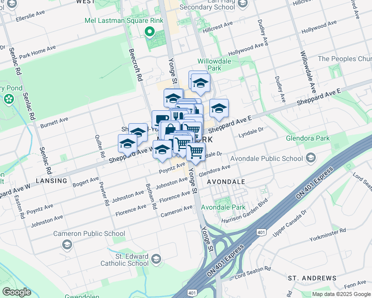 map of restaurants, bars, coffee shops, grocery stores, and more near 8 Bogert Avenue in Toronto