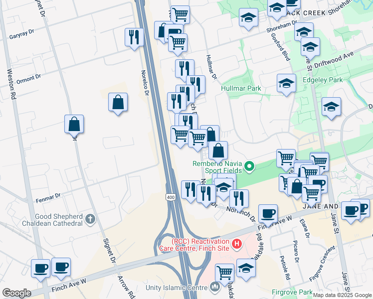 map of restaurants, bars, coffee shops, grocery stores, and more near in Toronto
