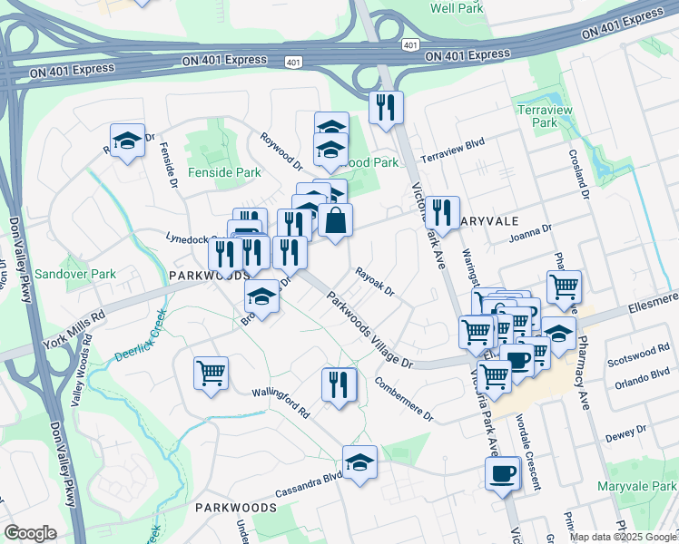 map of restaurants, bars, coffee shops, grocery stores, and more near 71 Parkwoods Village Drive in Toronto
