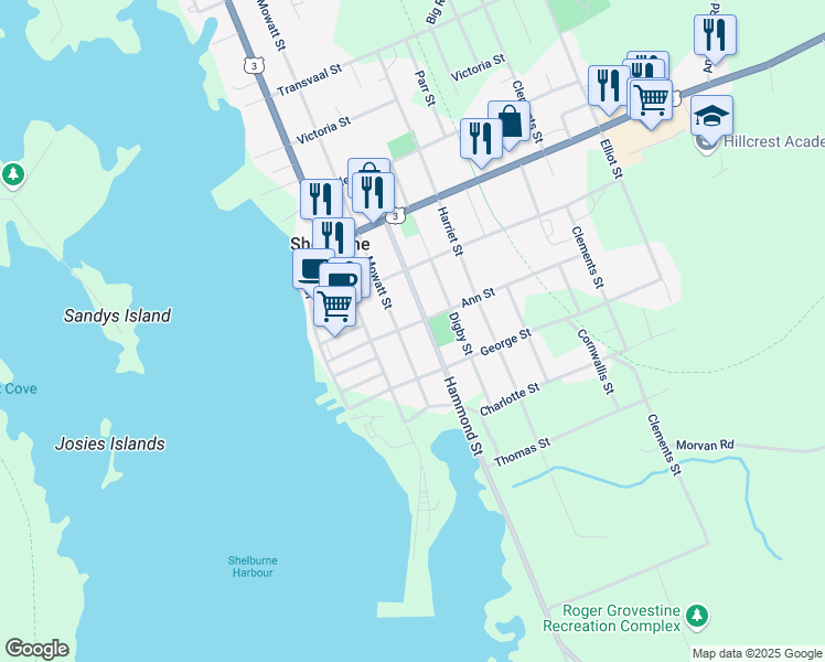 map of restaurants, bars, coffee shops, grocery stores, and more near 29 Ann Street in Shelburne