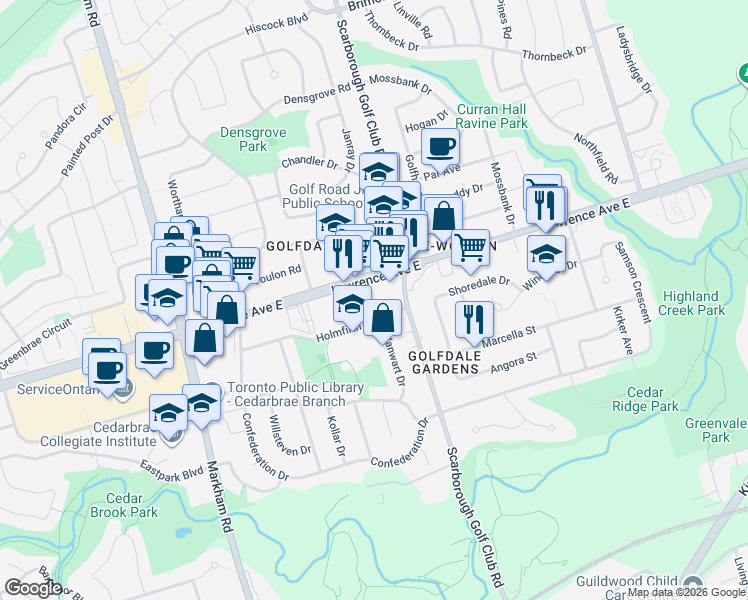 map of restaurants, bars, coffee shops, grocery stores, and more near 550 Scarborough Golf Club Road in Toronto