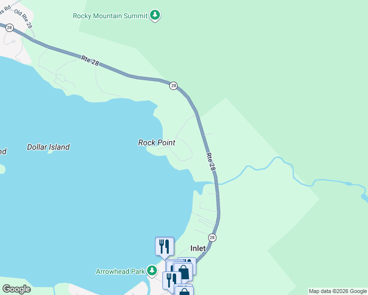 map of restaurants, bars, coffee shops, grocery stores, and more near 20 Rocky Point Circle in Inlet
