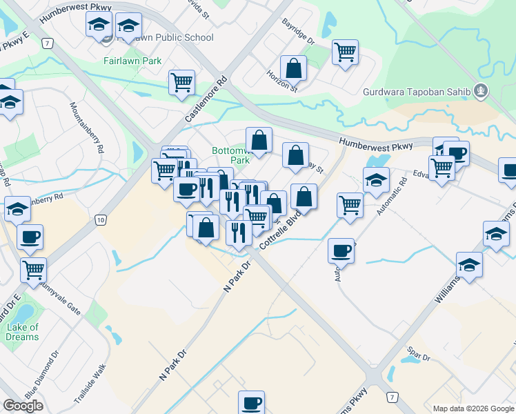 map of restaurants, bars, coffee shops, grocery stores, and more near 17 Dwyer Drive in Brampton