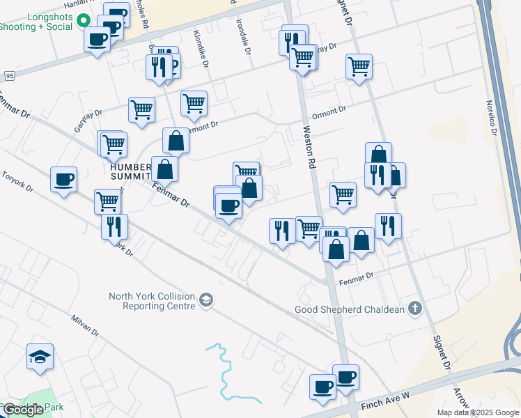 map of restaurants, bars, coffee shops, grocery stores, and more near 97 Kenhar Drive in Toronto