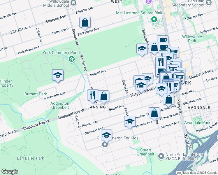 map of restaurants, bars, coffee shops, grocery stores, and more near 177 Elmhurst Avenue in Toronto