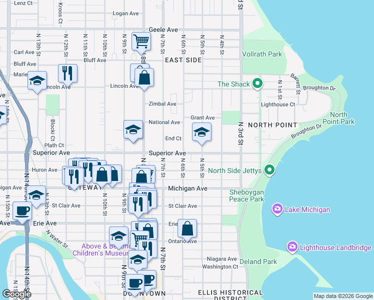 map of restaurants, bars, coffee shops, grocery stores, and more near 1503 N 6th St in Sheboygan