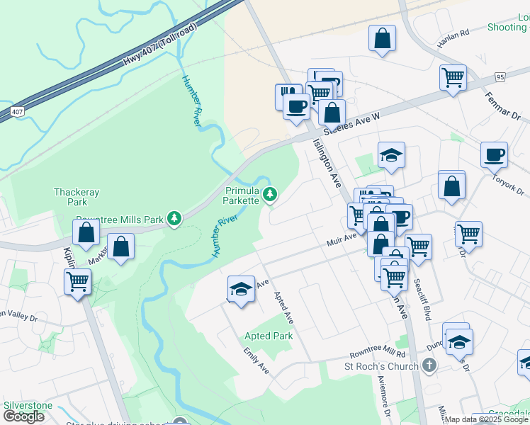 map of restaurants, bars, coffee shops, grocery stores, and more near 92 Primula Crescent in Toronto