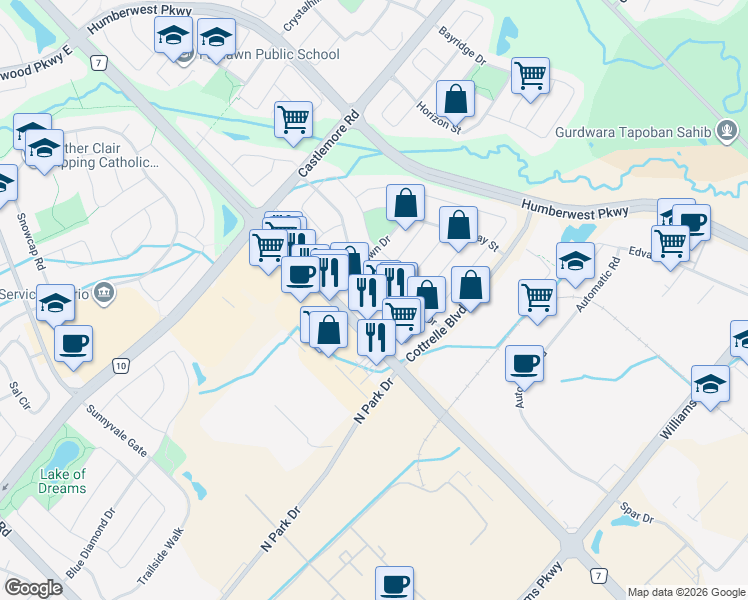map of restaurants, bars, coffee shops, grocery stores, and more near 14 Murphy Road in Brampton