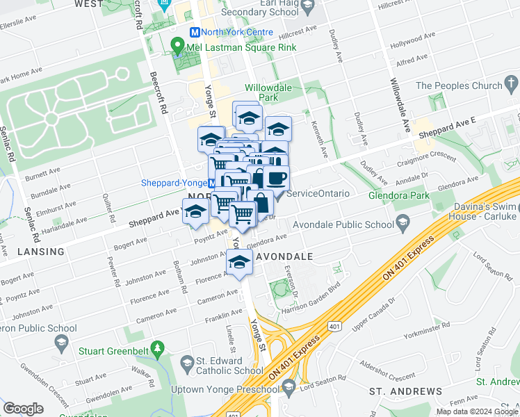 map of restaurants, bars, coffee shops, grocery stores, and more near in Toronto
