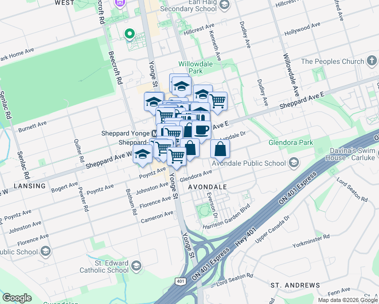 map of restaurants, bars, coffee shops, grocery stores, and more near 23 Sheppard Avenue East in Toronto